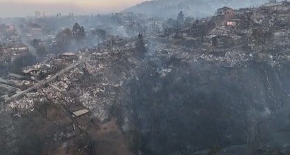 Drone footage of huge devastation and burnt houses after wildfire in Chile that left at least 19 dead