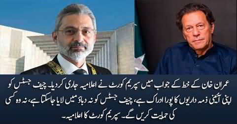 Supreme Court issues statement in reply to Imran Khan's letter to Chief Justice Qazi Faez Isa