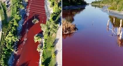 The waters of the Rimac river mysteriously turns blood red leaving locals baffled